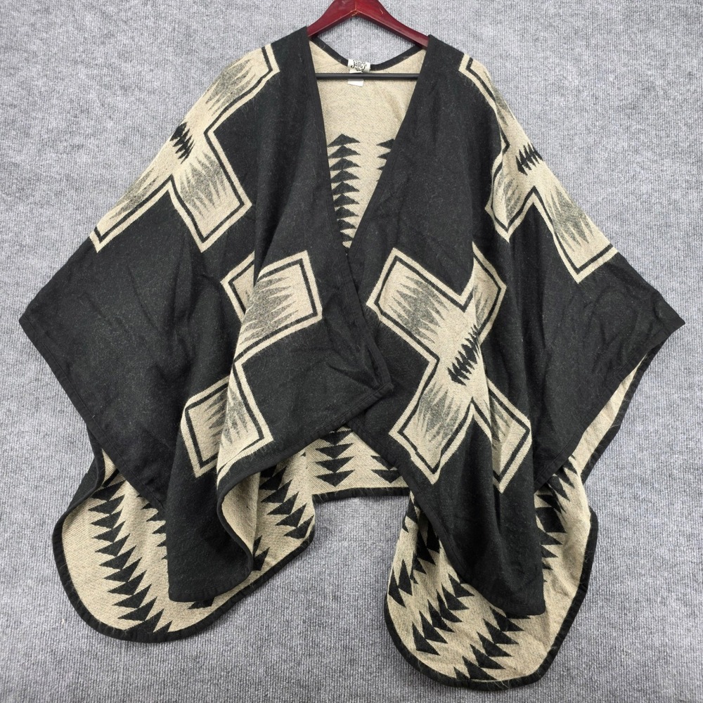 Ivy Jane Womens Black Tan Geometric Knit Poncho Wrap Cape 130011 OSFA